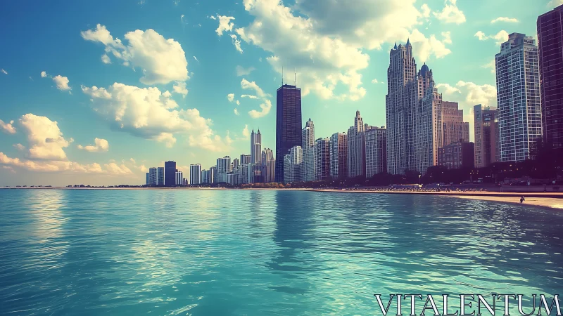 Lakefront skyline with tall glass towers and calm water.