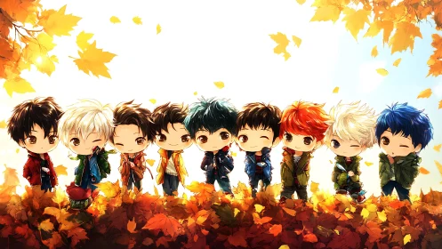 Cozy chibi friends sharing bright autumn leaves together.