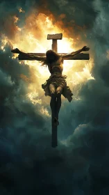 Crucified figure on wooden cross framed by backlit clouds.