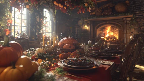 Harvest feast table glowing by fireplace in rustic hall.