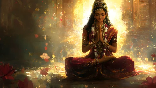 Golden serenity of a meditating woman in drifting lotus light.