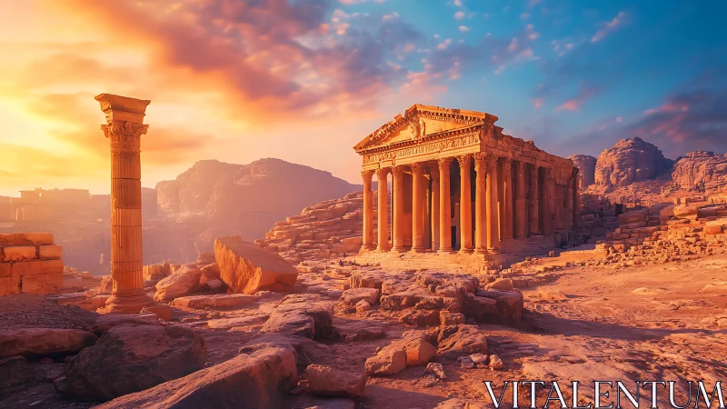 Sunlit classical temple ruins in desert rock landscape.