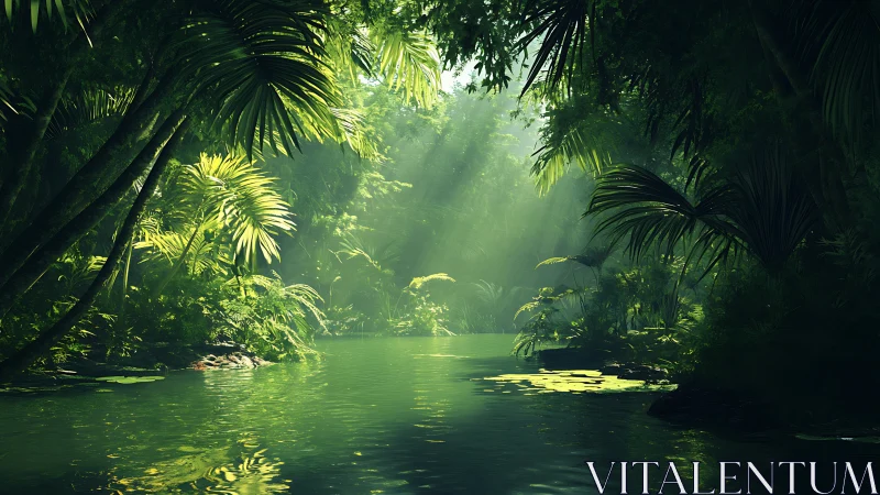Lush green jungle river under filtered morning sunlight.