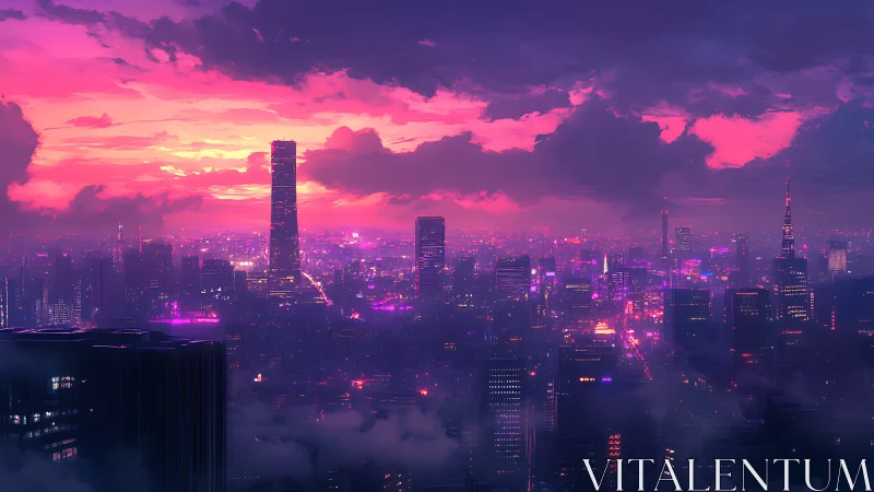 Neon dusk ignites a futuristic skyline in violet stormlight.