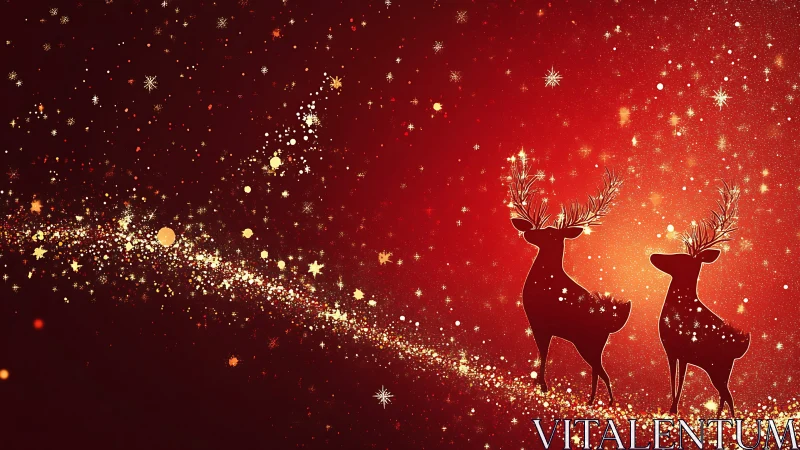 Silhouetted reindeer stand on glittering red festive field