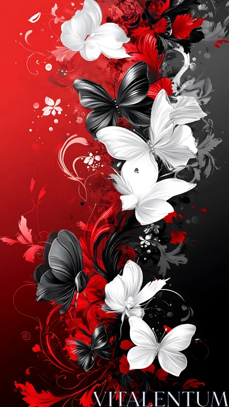 Monochrome butterflies over red and black abstract bloom.