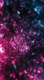 Glowing crystal cluster shimmers in neon pink and blue light