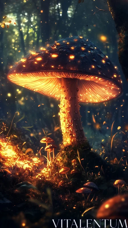 Bioluminescent mushroom glows warmly in an enchanted forest night