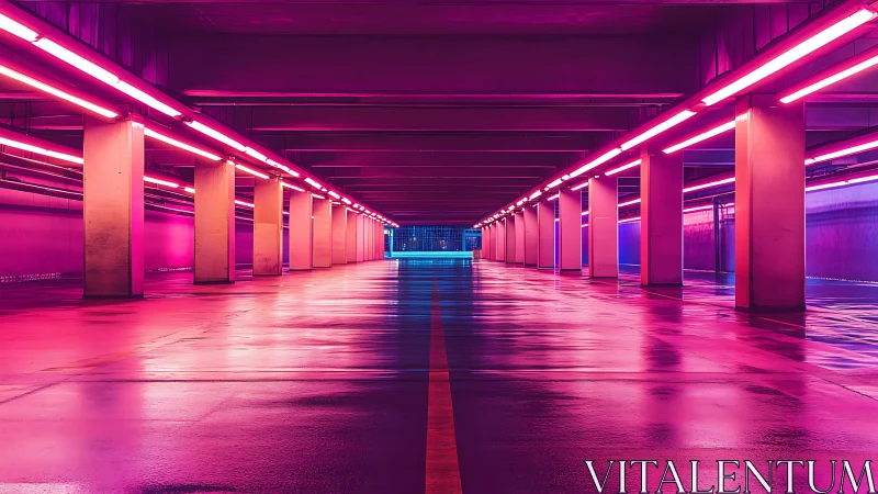 Neon parking garage glows with strong magenta corridor light
