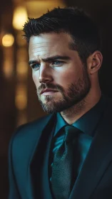 Thoughtful blue-eyed man in a deep teal tailored suit.