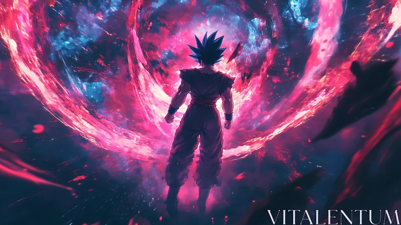 Backlit warrior isolated inside turbulent neon energy vortex