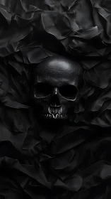 Specular black skull emerging from folded matte textiles.
