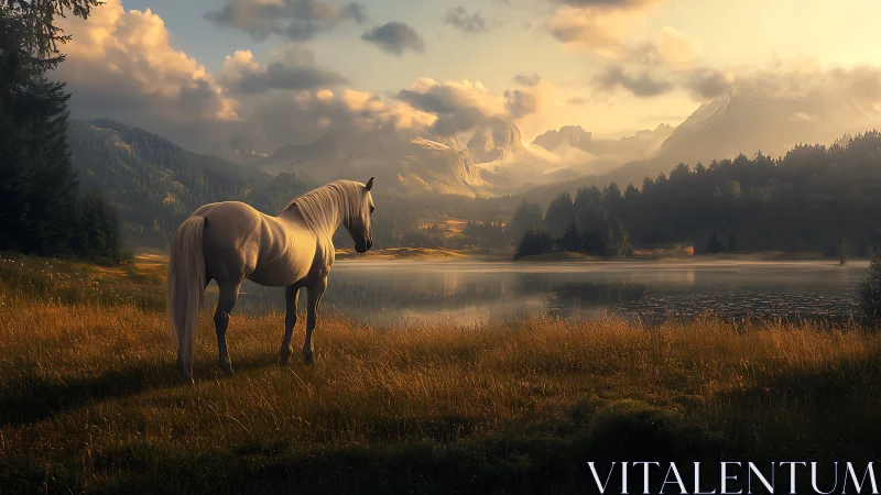 White horse beside alpine lake at golden sunrise.