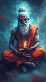 Mystic sage in orange robes holding glowing inner flame.
