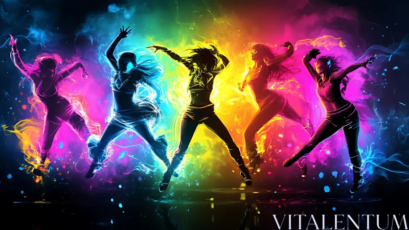 Colorful dancers leaping through glowing splashes of light.
