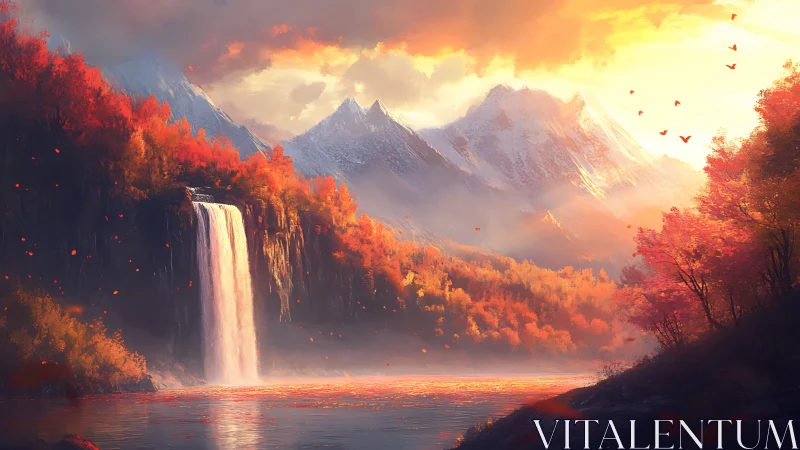 Luminous autumn waterfall glows beneath distant snowy peaks