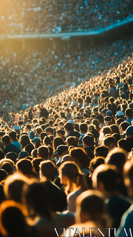 Backlit stadium crowd in warm sunset directional light.
