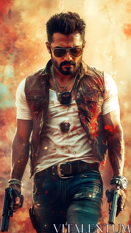 Armed male figure walking forward in fiery urban backdrop.