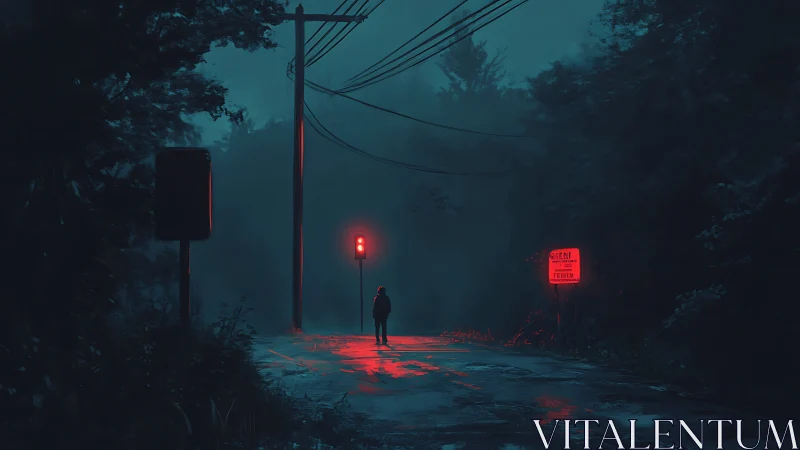 Solitary figure at red signal on wet forest roadway.