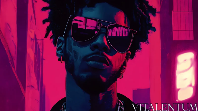 Neon-lit urban portrait with cool cyan shadows and magenta glow.