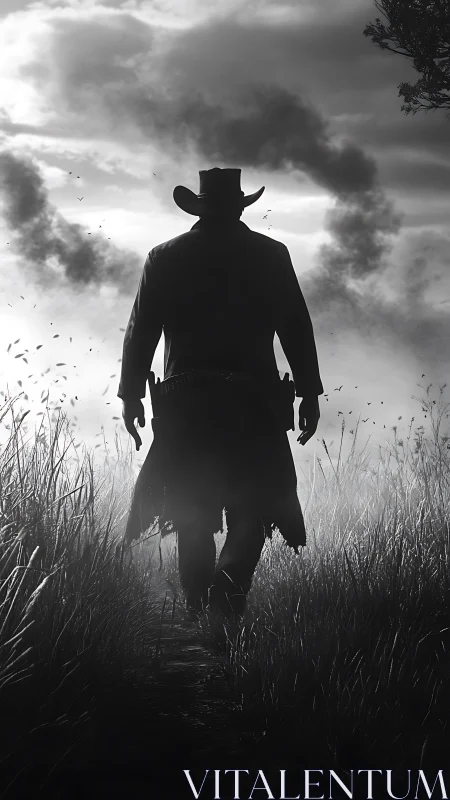 Lone dusk gunslinger striding into a stormlit prairie horizon.