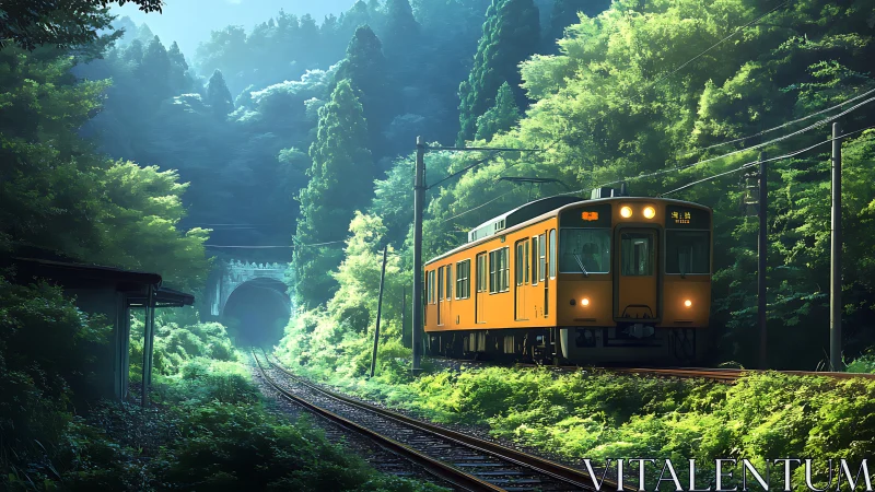 Orange rural train passing through lush forest valley.