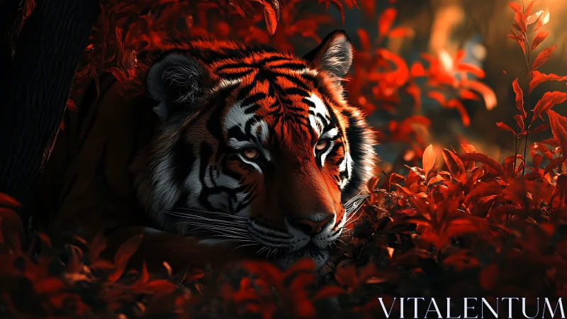 Cinematic digital tiger portrait in crimson forest understory.