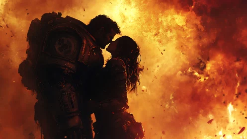 Silhouetted Figures Against Catastrophic Firestorm.