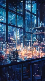 Laboratory glassware reflects neon city lights through windows