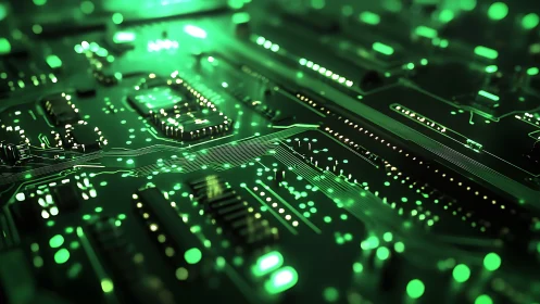 Neon green circuit board macro with glowing data pathways.