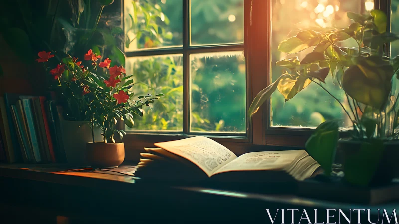 Sunlit storybook lingers between blooms and bright window