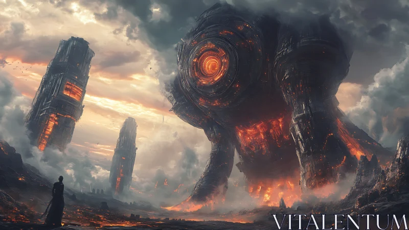 Molten colossus awakens amid crumbling sky towers.
