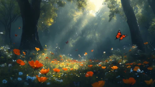Enchanted Forest Meadow with Butterflies in Dreamy Sunlight.