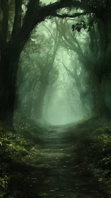 Misty forest path with tall trees and filtered light.