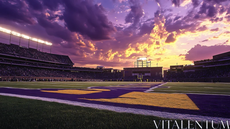 Sunset stadium gridiron with saturated violet end zone.