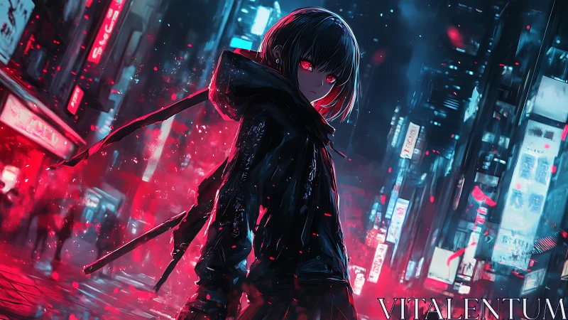 Dark hooded anime figure in neon red blue cyberpunk city.