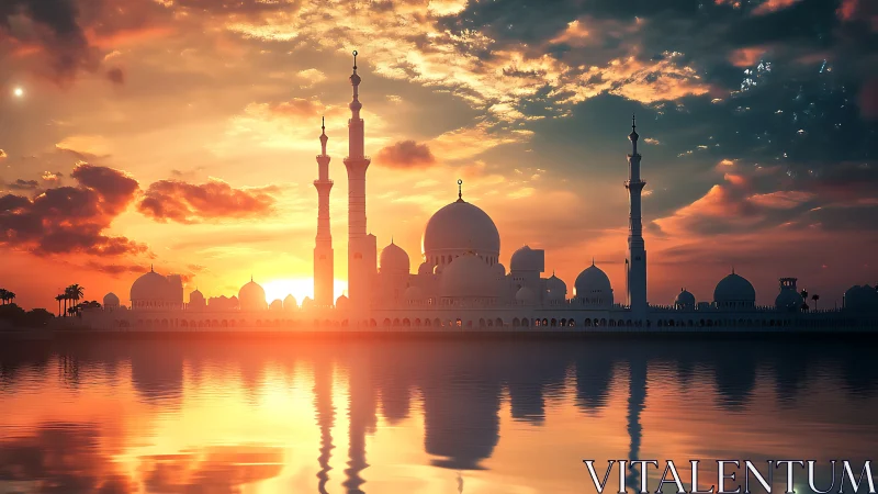 Sunlit mosque skyline mirrored in glowing reflective water.