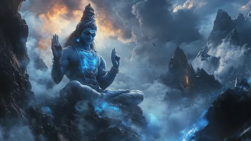 Majestic blue deity meditates above storm-laden mountains