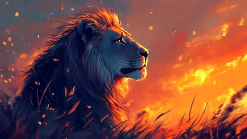 Majestic lion in profile studies blazing chromatic sunset light
