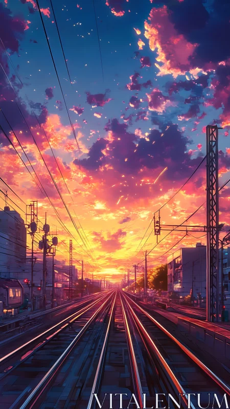 Urban railway corridor under vivid sunset sky perspective.