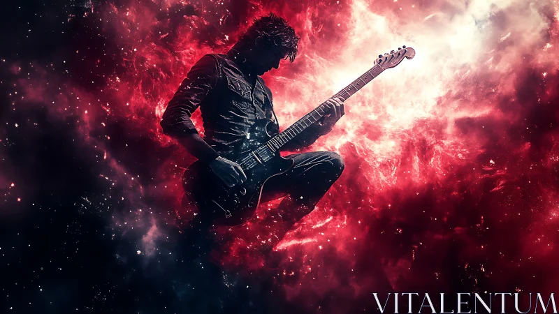 Silhouetted electric guitarist positioned against red nebula field.
