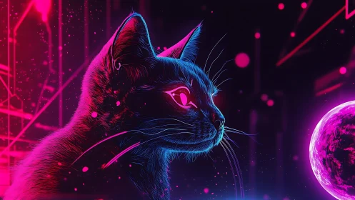 Neon outlined cat profile facing glowing pink planet.