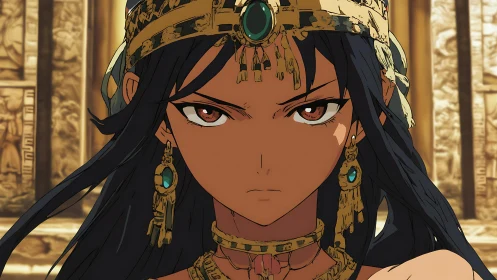 Defiant desert queen stares forward in ornate gold crown