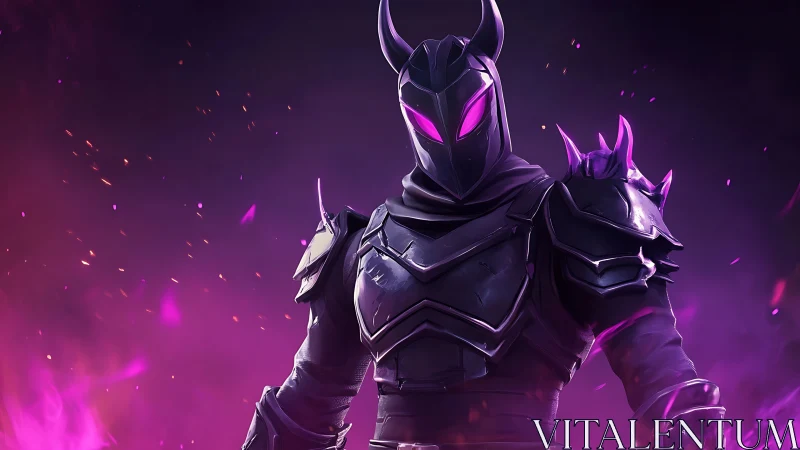 Armored dark knight with glowing purple visor stands poised.