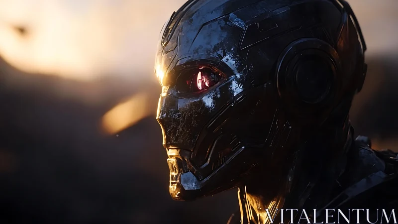 Battleworn android profile catches molten sunset glow.