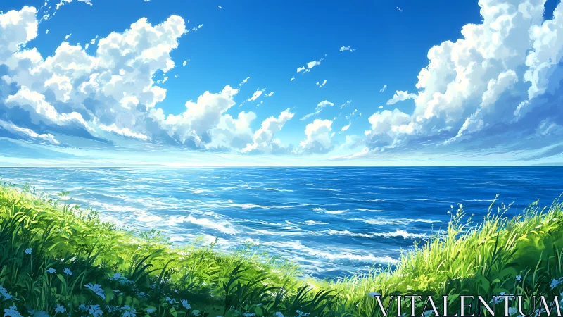 Littoral grassland overlooking high-chroma cumulonimbus seascape.