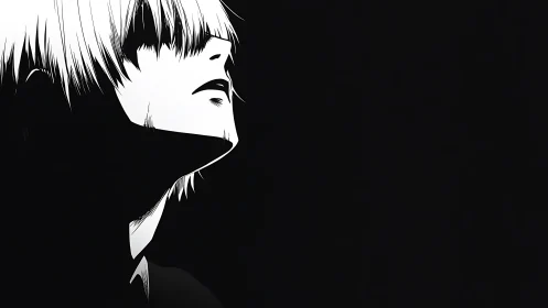 Stark anime profile gazes upward into enveloping darkness