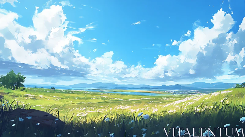 Wide grassy meadow under expansive cloud-filled sky.