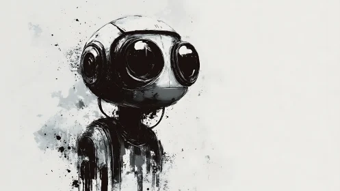 Monochrome ink rendering of stylized humanoid robot figure.