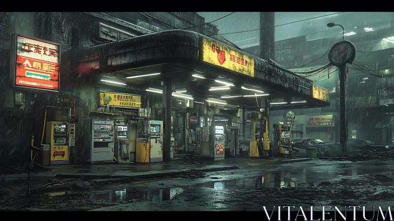 Midnight rain at a neon-soaked retro gas station refuge.
